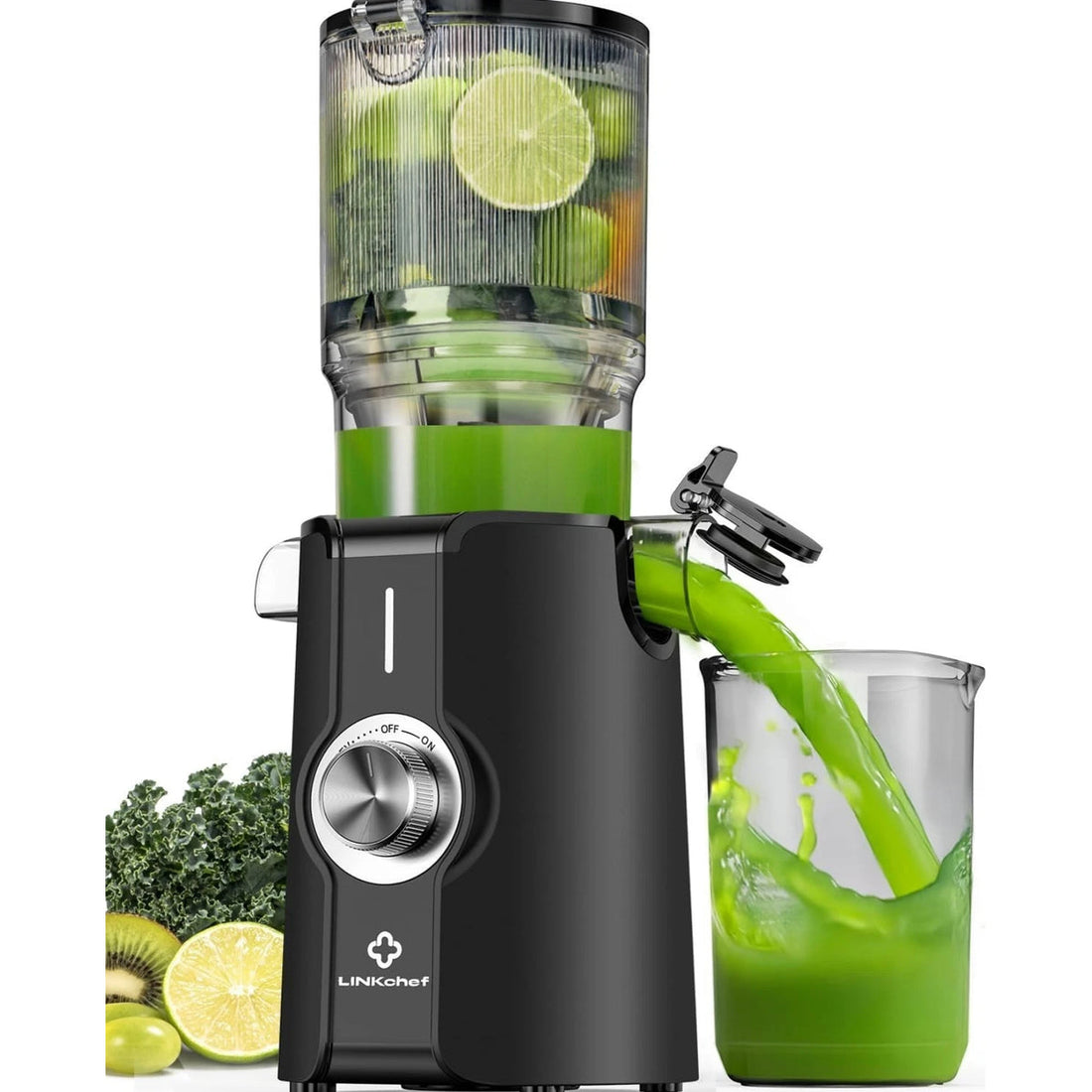 LINKChef Slow Juicer Entsafter in Schwarz mit Saftbehälter und Mixerbecher, 200 W, 1,2 Liter