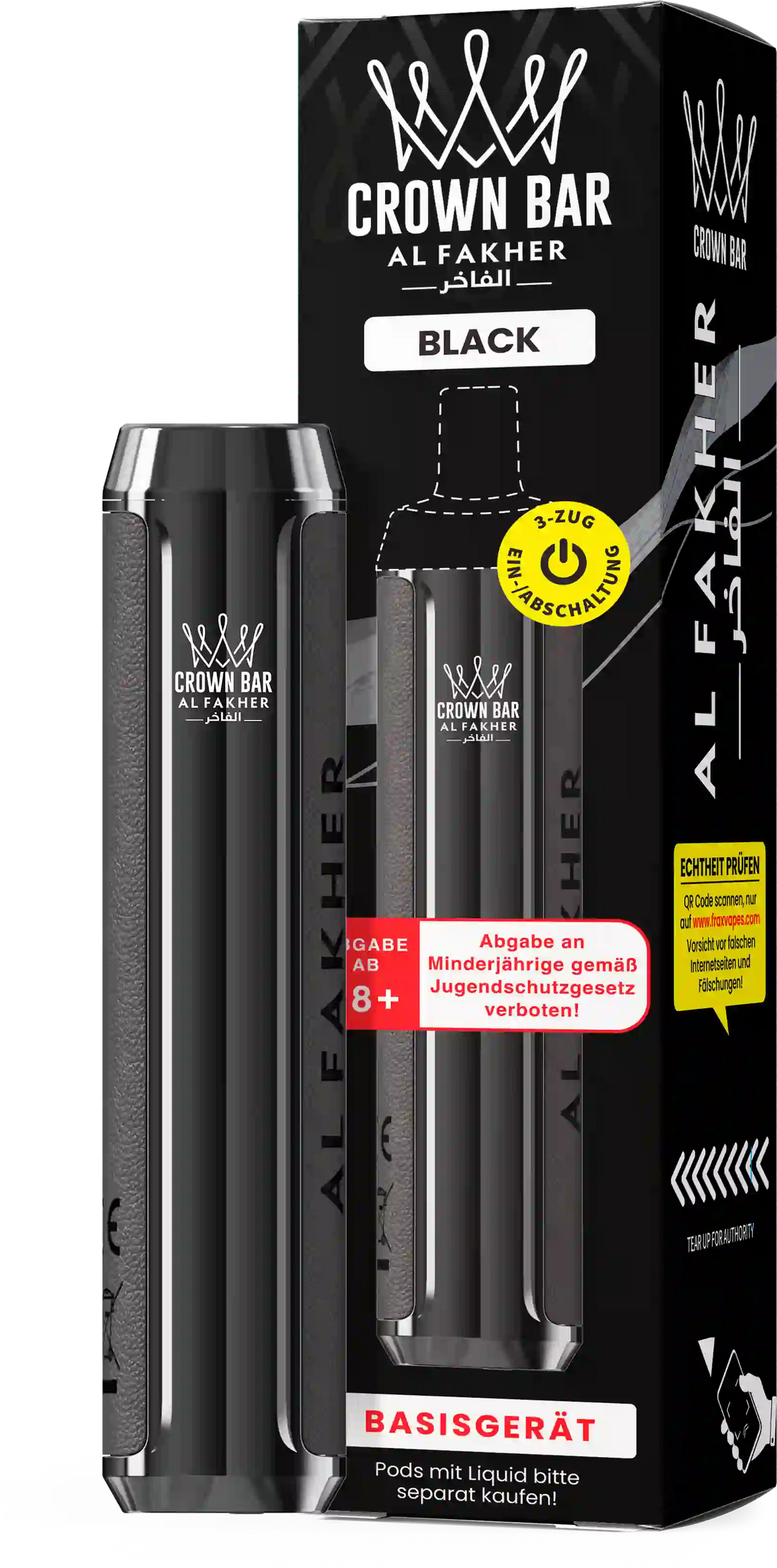 Al Fakher Crown Bar Basisgerät Black – wiederaufladbarer Akkuträger (Akku) für das Crown Bar Pod-System, MTL & DTL, Pods separat