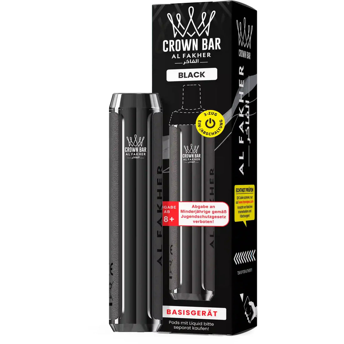 Al Fakher Crown Bar Basisgerät Black – wiederaufladbarer Akkuträger (Akku) für das Crown Bar Pod-System, MTL & DTL, Pods separat