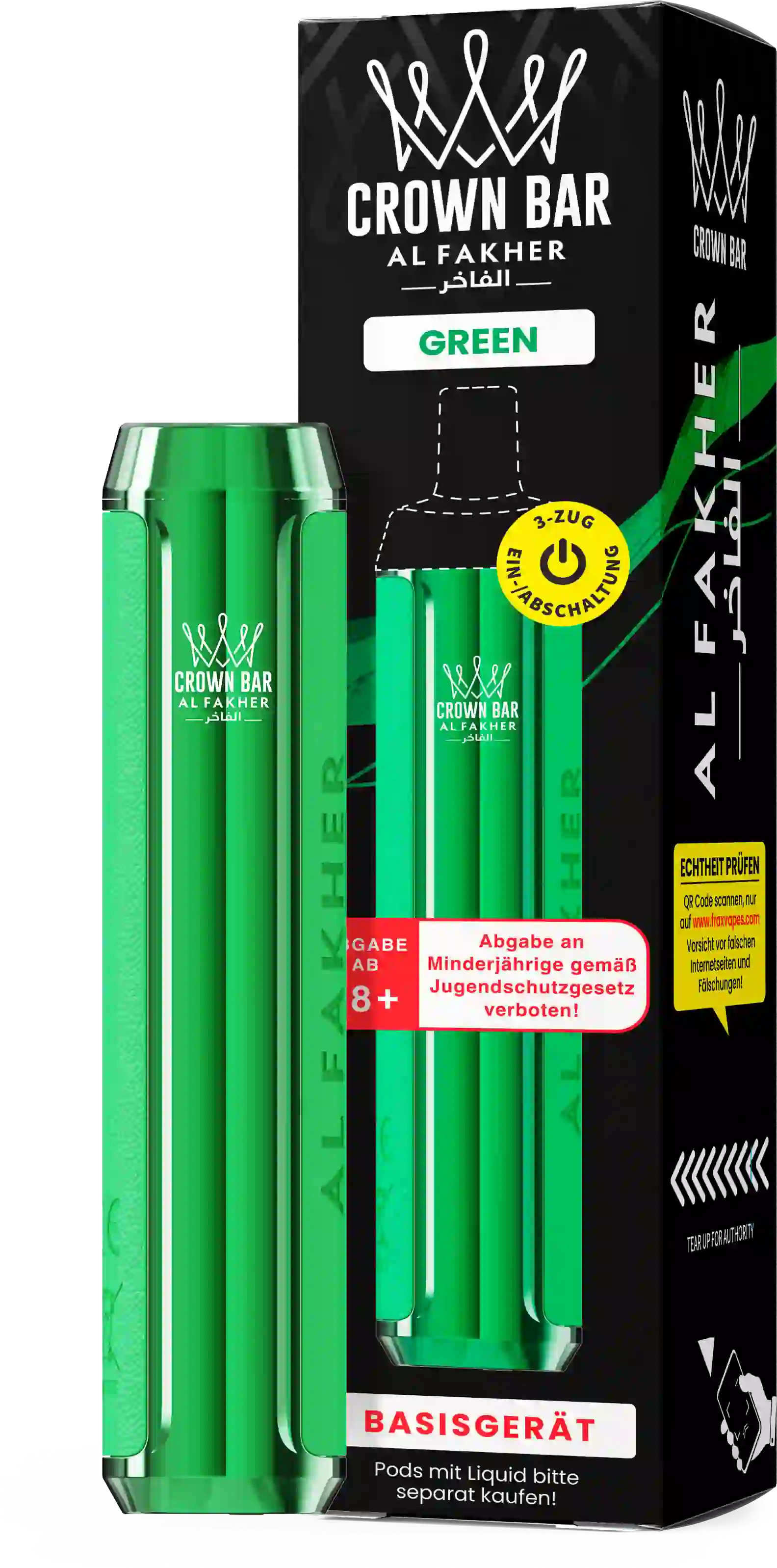 Al Fakher Crown Bar Basisgerät Green – wiederaufladbarer Akkuträger (Akku) für das Crown Bar Pod-System, MTL & DTL, Pods separat