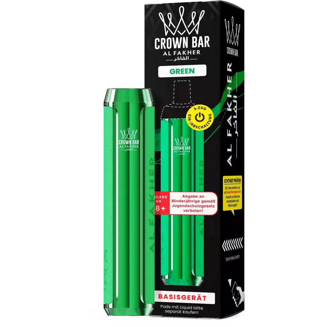 Al Fakher Crown Bar Basisgerät Green – wiederaufladbarer Akkuträger (Akku) für das Crown Bar Pod-System, MTL & DTL, Pods separat
