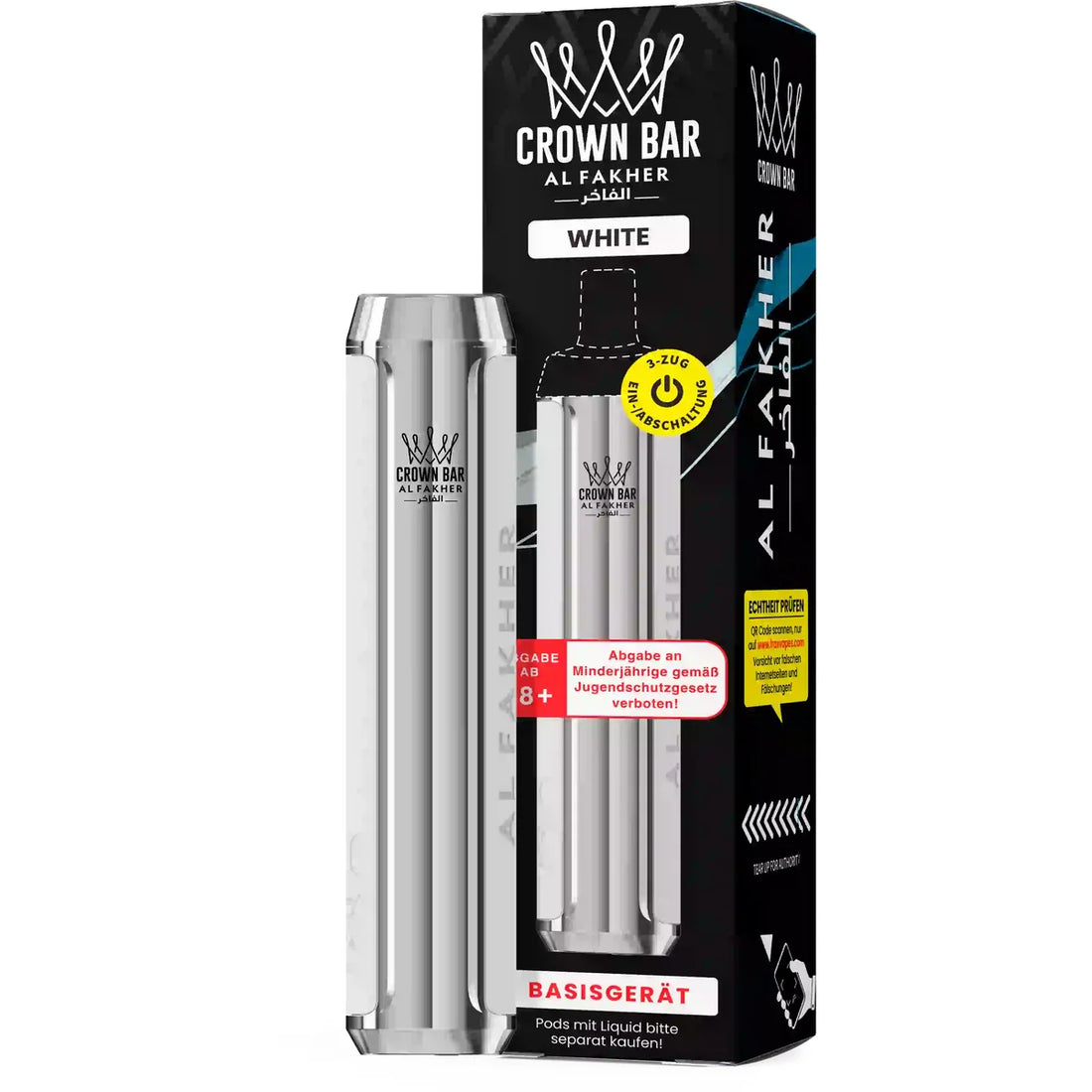 Al Fakher Crown Bar Basisgerät White – wiederaufladbarer Akkuträger (Akku) für das Crown Bar Pod-System, MTL & DTL, Pods separat