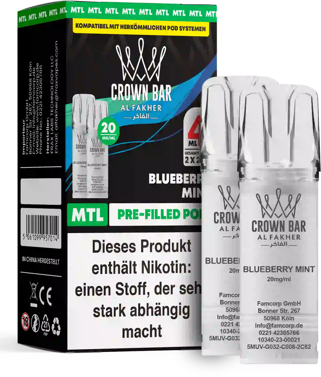 Al Fakher Crown Bar Blueberry Mint Pods 2er – süße Blaubeere trifft kühle Minze, vorbefüllter MTL-Pod mit 20 mg Nikotinsalz, ELFA-kompatibel.