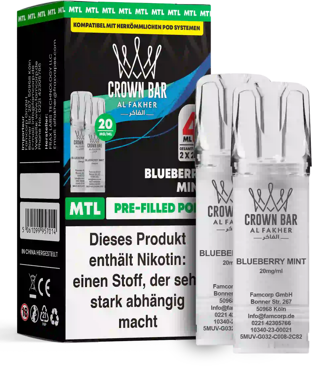 Al Fakher Crown Bar Blueberry Mint Pods 2er – süße Blaubeere trifft kühle Minze, vorbefüllter MTL-Pod mit 20 mg Nikotinsalz, ELFA-kompatibel.