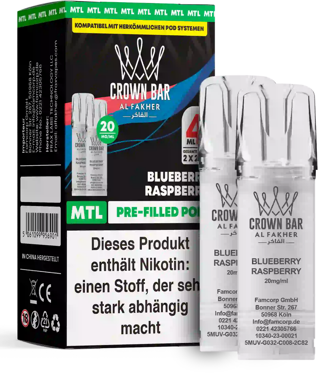 Al Fakher Crown Bar Blueberry Raspberry Pods 2er – fruchtig-beeriger Mix aus Blaubeere und Himbeere, 2er Prefilled Pack für ELFA Pod-Systeme, bis zu 600 Züge.