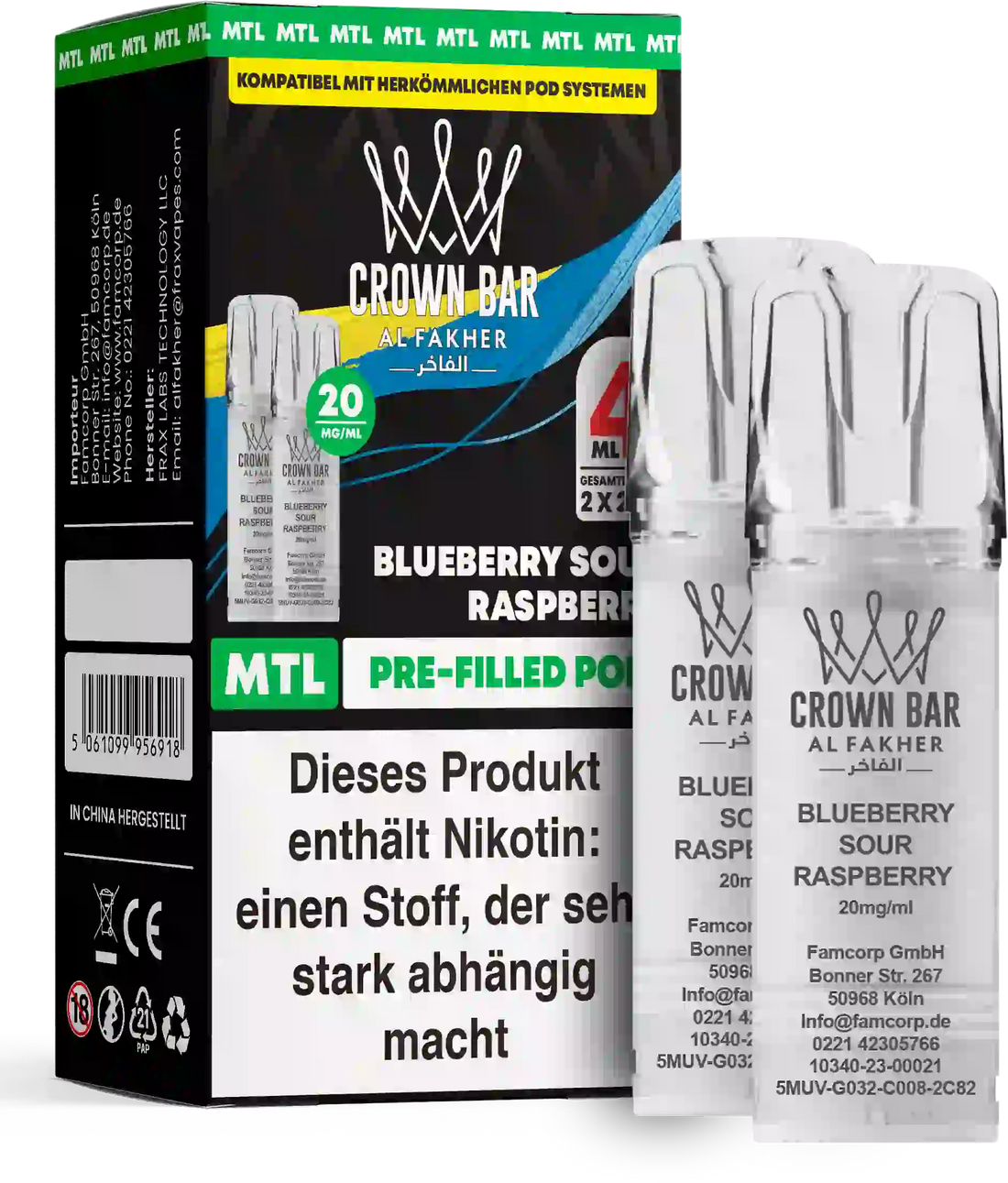 Al Fakher Crown Bar Blueberry Sour Raspberry Pods 2er – süß-saure Blaubeere-Himbeere zum Backendampfen (MTL), 20 mg/ml Nikotinsalz, jetzt kaufen.