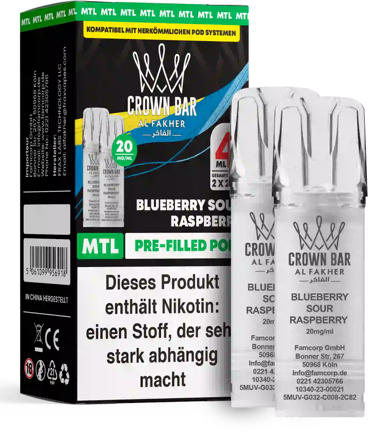 Al Fakher Crown Bar Blueberry Sour Raspberry Pods 2er – süß-saure Blaubeere-Himbeere zum Backendampfen (MTL), 20 mg/ml Nikotinsalz, jetzt kaufen.