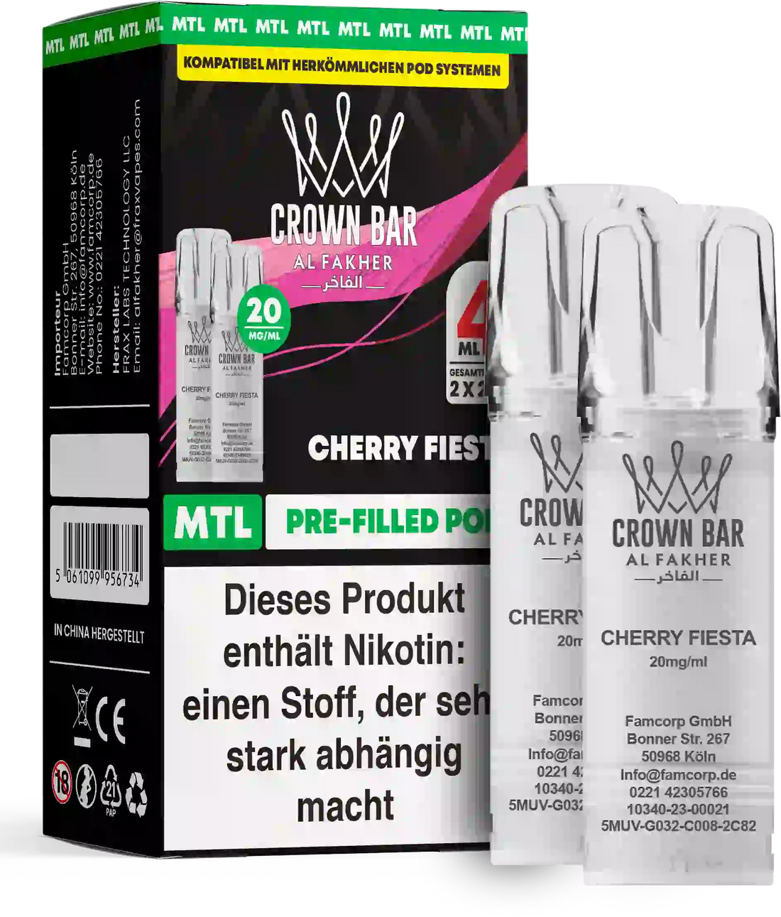 Al Fakher Crown Bar Cherry Fiesta Pods 2er – vollmundige, festlich süße Kirsche, vorbefüllter Pod mit 20 mg Nikotinsalz, günstig online kaufen.