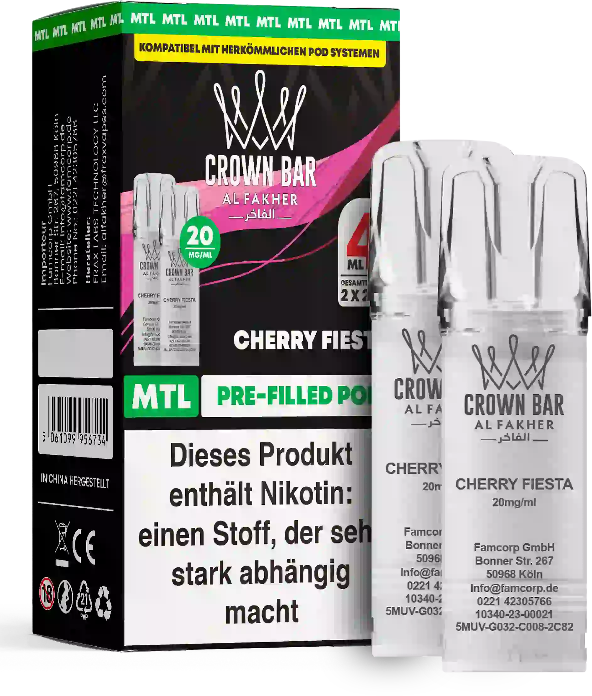 Al Fakher Crown Bar Cherry Fiesta Pods 2er – vollmundige, festlich süße Kirsche, vorbefüllter Pod mit 20 mg Nikotinsalz, günstig online kaufen.