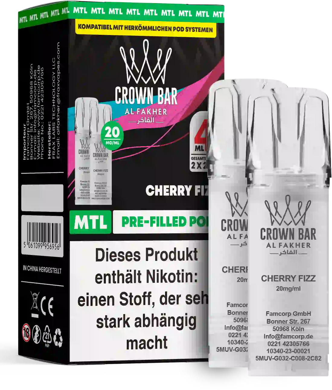 Al Fakher Crown Bar Cherry Fizz Pods 2er – spritzig-prickelnde Kirsche als vorbefüllter Pod, ELFA-kompatibel, 2×2 ml Nikotinsalz 20 mg.