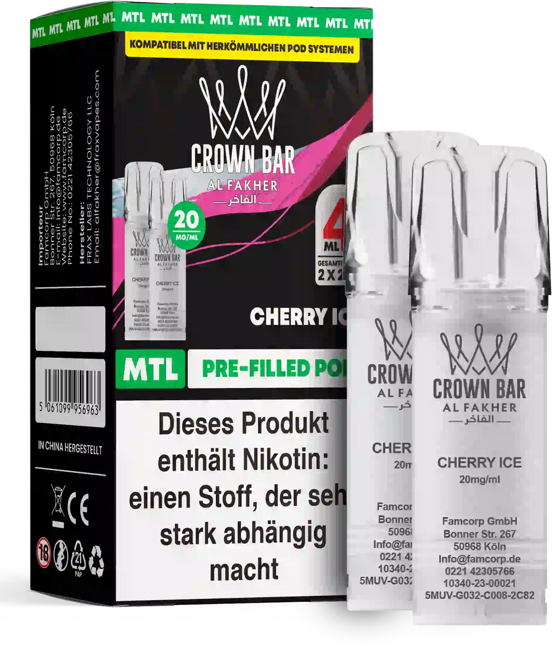 Al Fakher Crown Bar Cherry Ice Pods 2er – saftige Kirsche mit eisiger Frische, MTL Prefilled Pod im Doppelpack, ideal für Umsteiger.