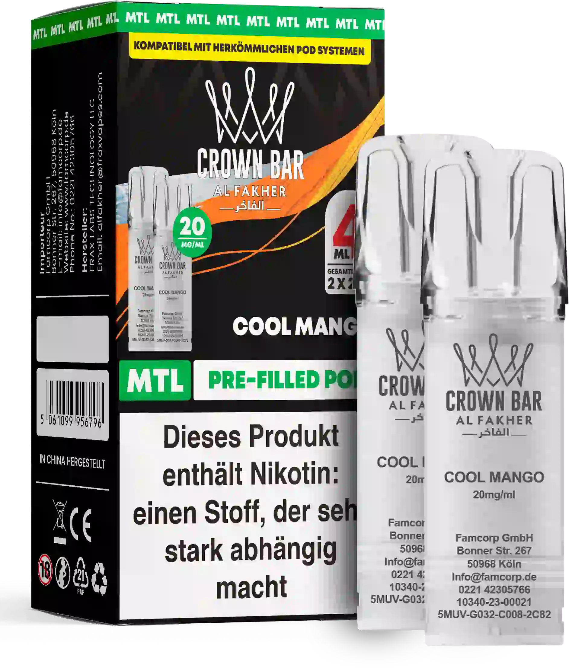 Al Fakher Crown Bar Cool Mango Pods 2er – tropische Mango mit kühlem Abgang, ELFA Pods mit 20 mg Nikotinsalz, bis zu 600 Züge pro Pod.