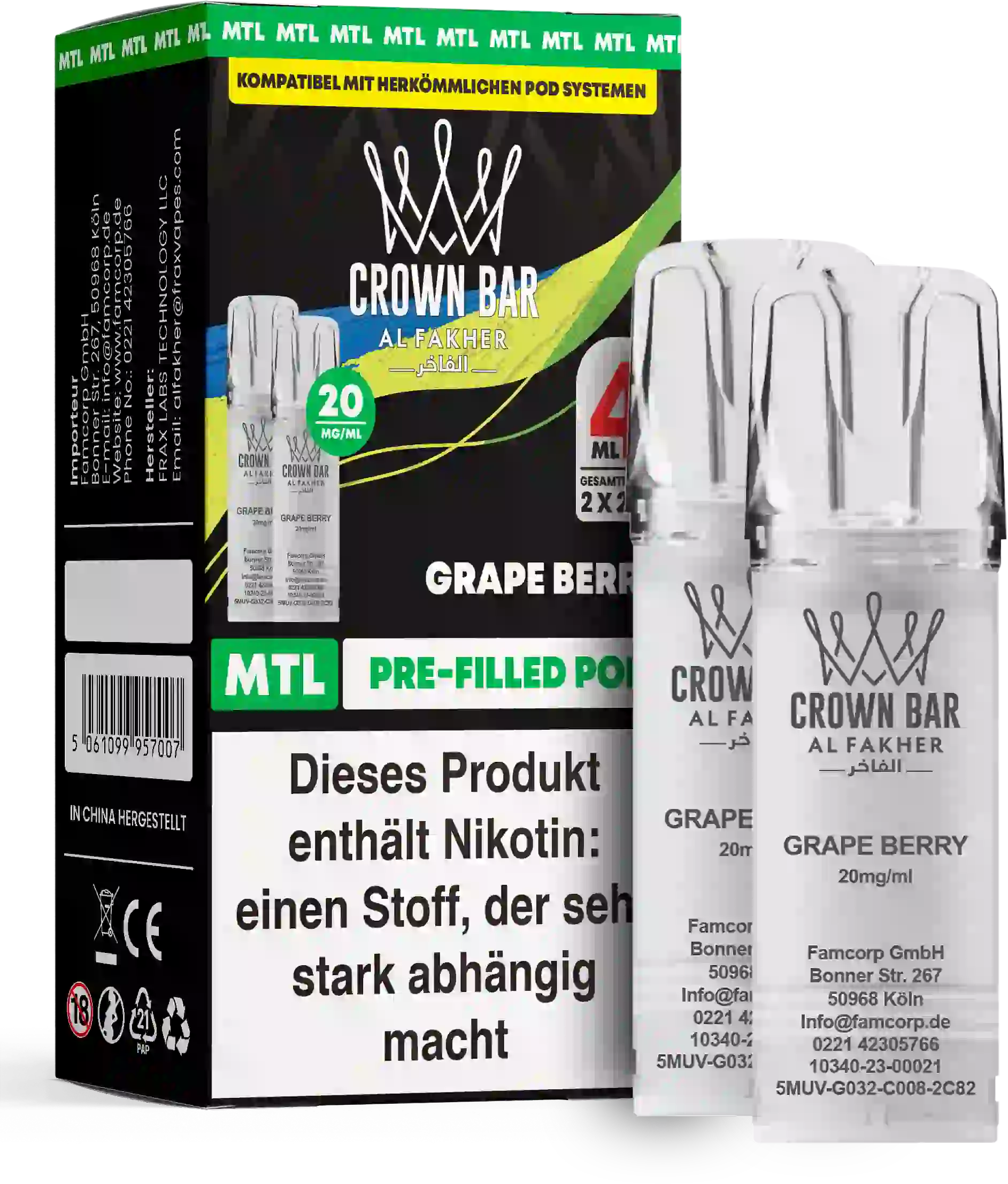 Al Fakher Crown Bar Grape Berry Pods 2er – süße Traube mit reifen Beeren, MTL-Pod im 2er Pack, ELFA-kompatibel, 2×2 ml.