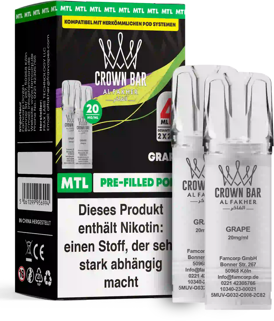 Al Fakher Crown Bar Grape Pods 2er – vollmundige, saftige Traube, 20 mg/ml Nikotinsalz, Prefilled Pod zum einfachen Wechseln, günstig online kaufen.