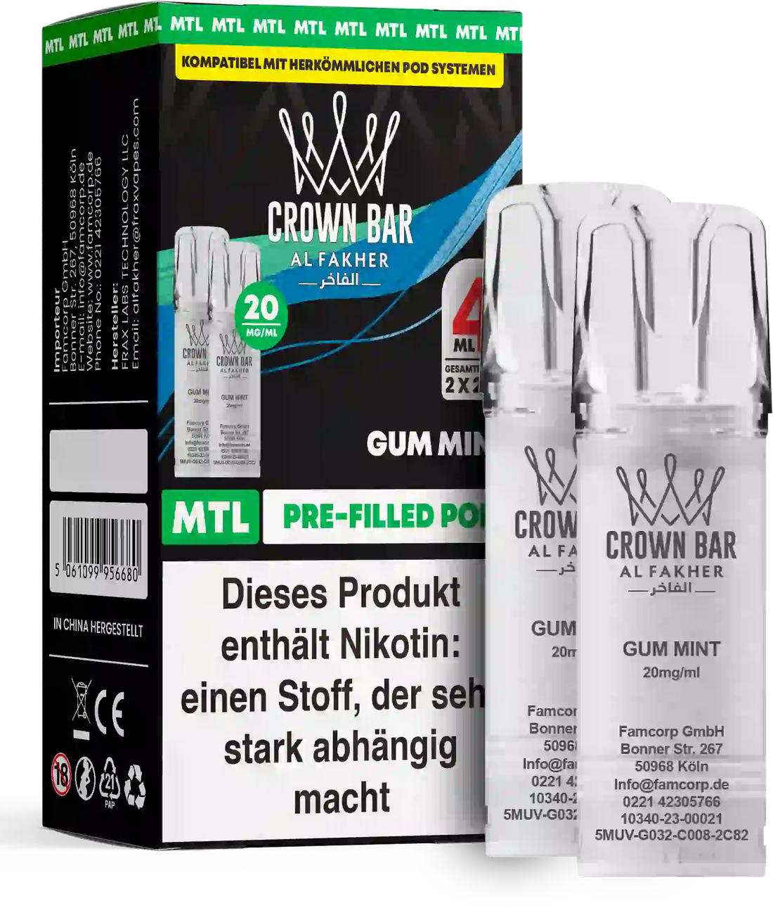 Al Fakher Crown Bar Gum Mint Pods 2er – süßer Kaugummi trifft kühle Minze, MTL Prefilled Pod (Doppelpack) für ELFA Pod-Systeme.