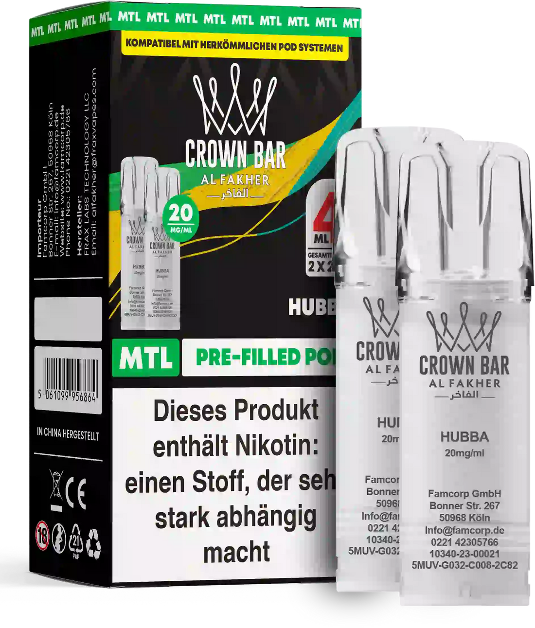 Al Fakher Crown Bar Hubba Pods 2er – fruchtiger Kaugummi-Geschmack, 20 mg Nikotinsalz, ELFA-kompatibler Pod, jetzt kaufen.