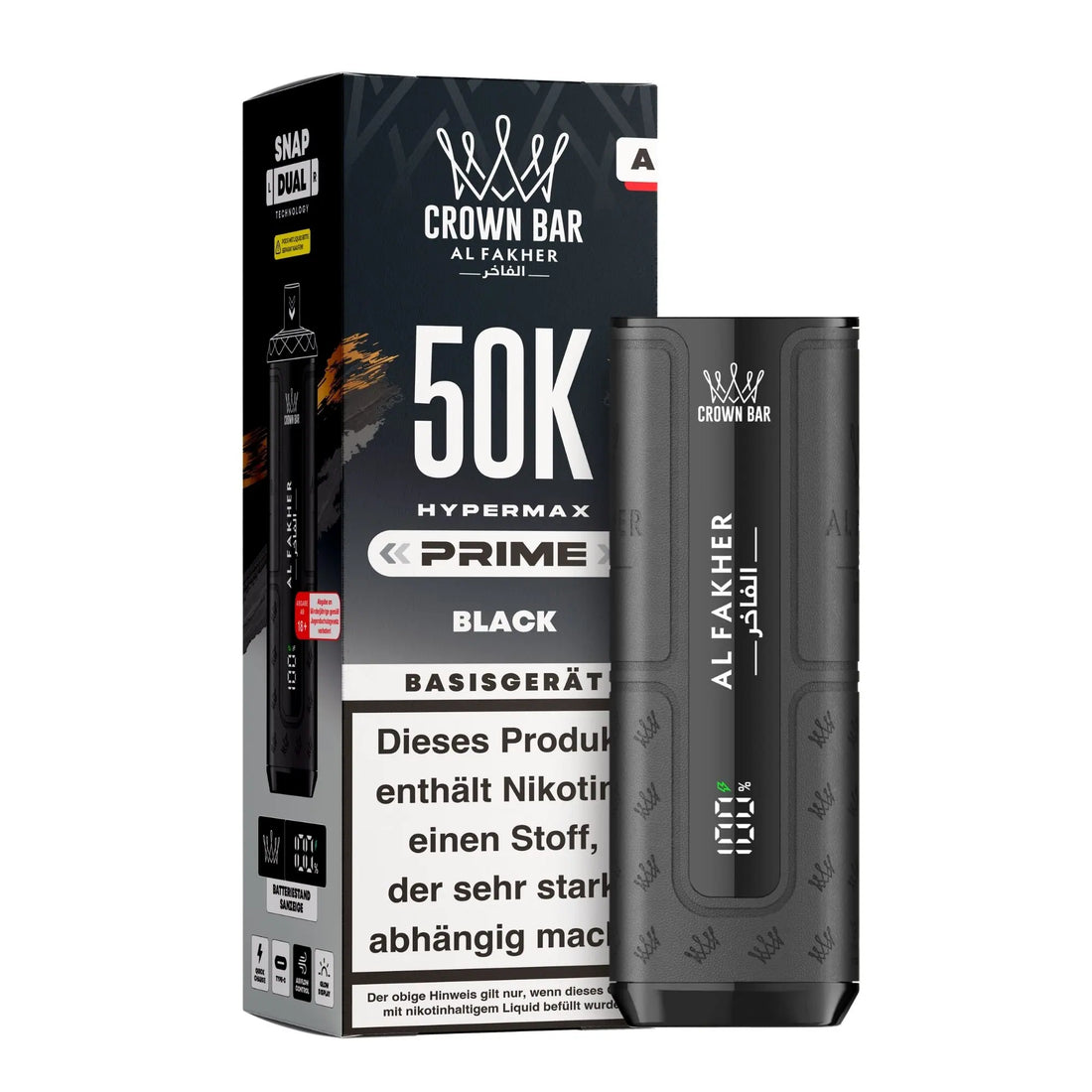 Al Fakher Crown Bar Hypermax Prime 50K Basisgerät in Black – Akkuträger neben der Verpackung, Glow-Display mit Ladestand