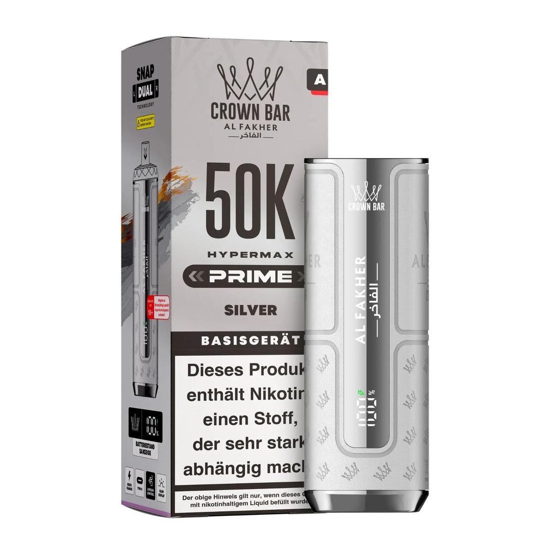 Verpackung und Akkuträger des Al Fakher Crown Bar 50K Hypermax Prime in Silver – USB-C, Display, Mehrweg statt Einweg