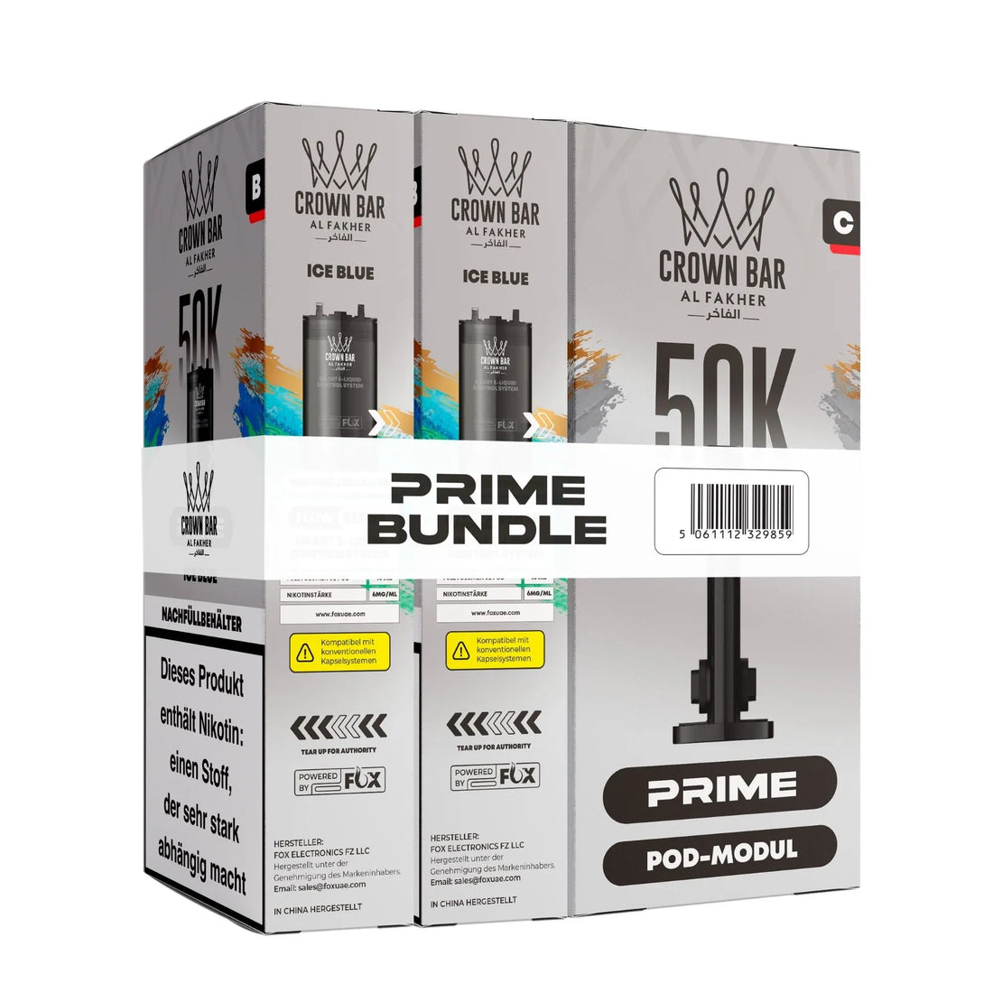 Al Fakher Crown Bar Hypermax Prime 50K Pod Bundle Ice Blue – Verpackung mit zwei vorgefüllten 10-ml-Pods und Pod-Modul, eisiger Blaubeer-Frischekick