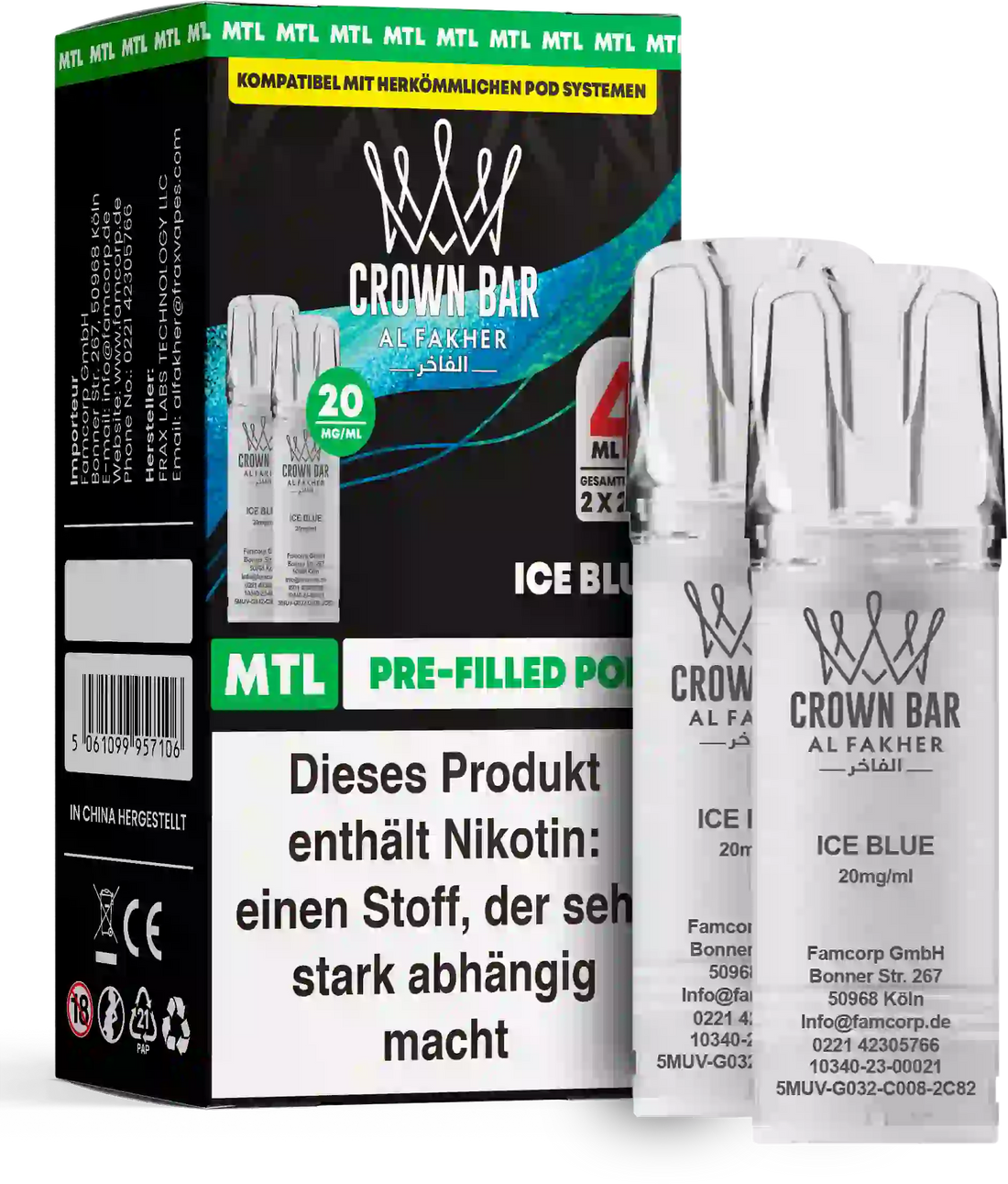 Al Fakher Crown Bar Ice Blue Pods 2er – eisig-frische blaue Beeren (Blue Razz), vorbefüllter MTL-Pod im 2er Pack, 2×2 ml Nikotinsalz.