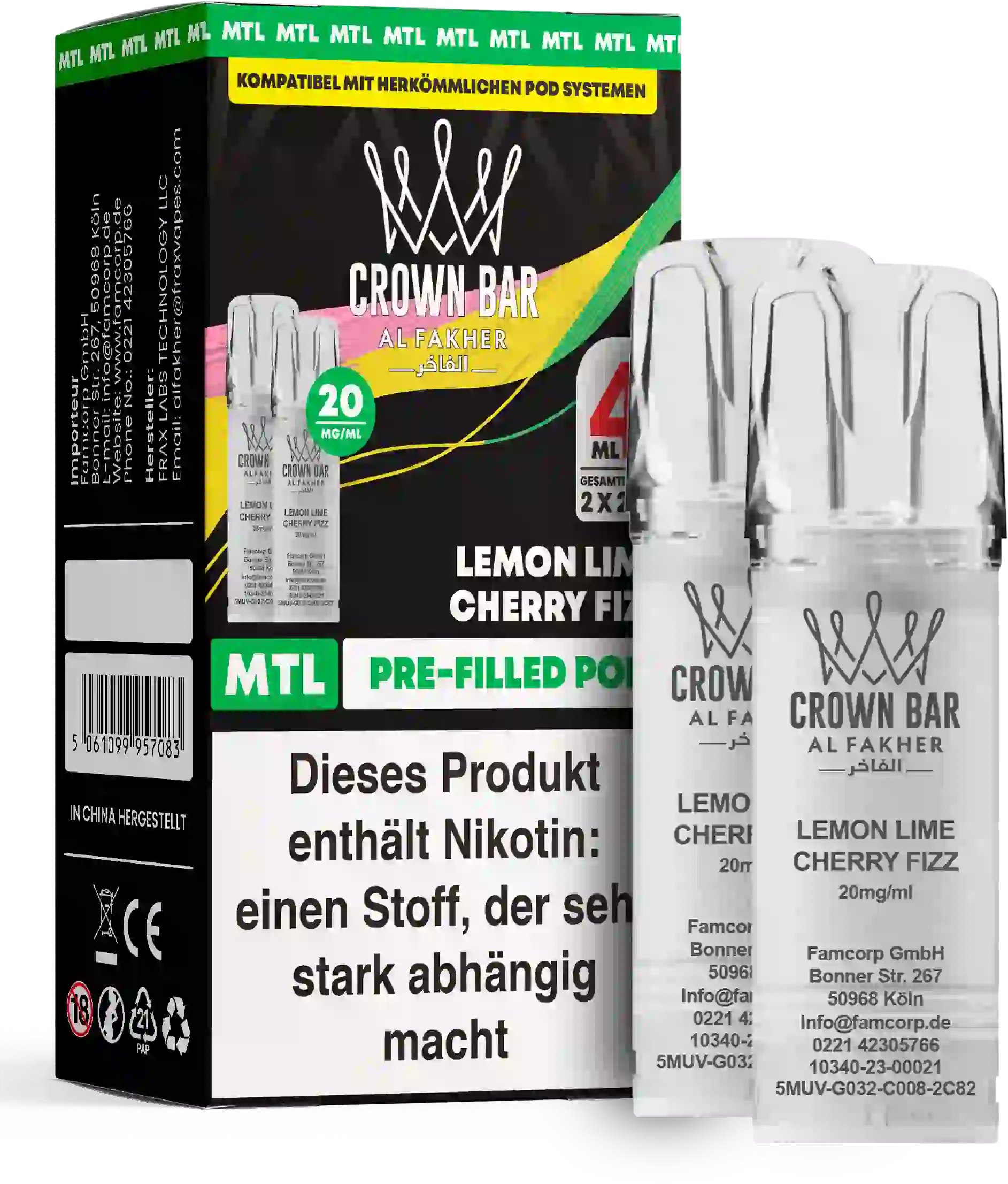 Al Fakher Crown Bar Lemon Lime Cherry Fizz Pods 2er – Zitrone, Limette und Kirsche mit prickelndem Kick, Prefilled MTL-Pod im Doppelpack.