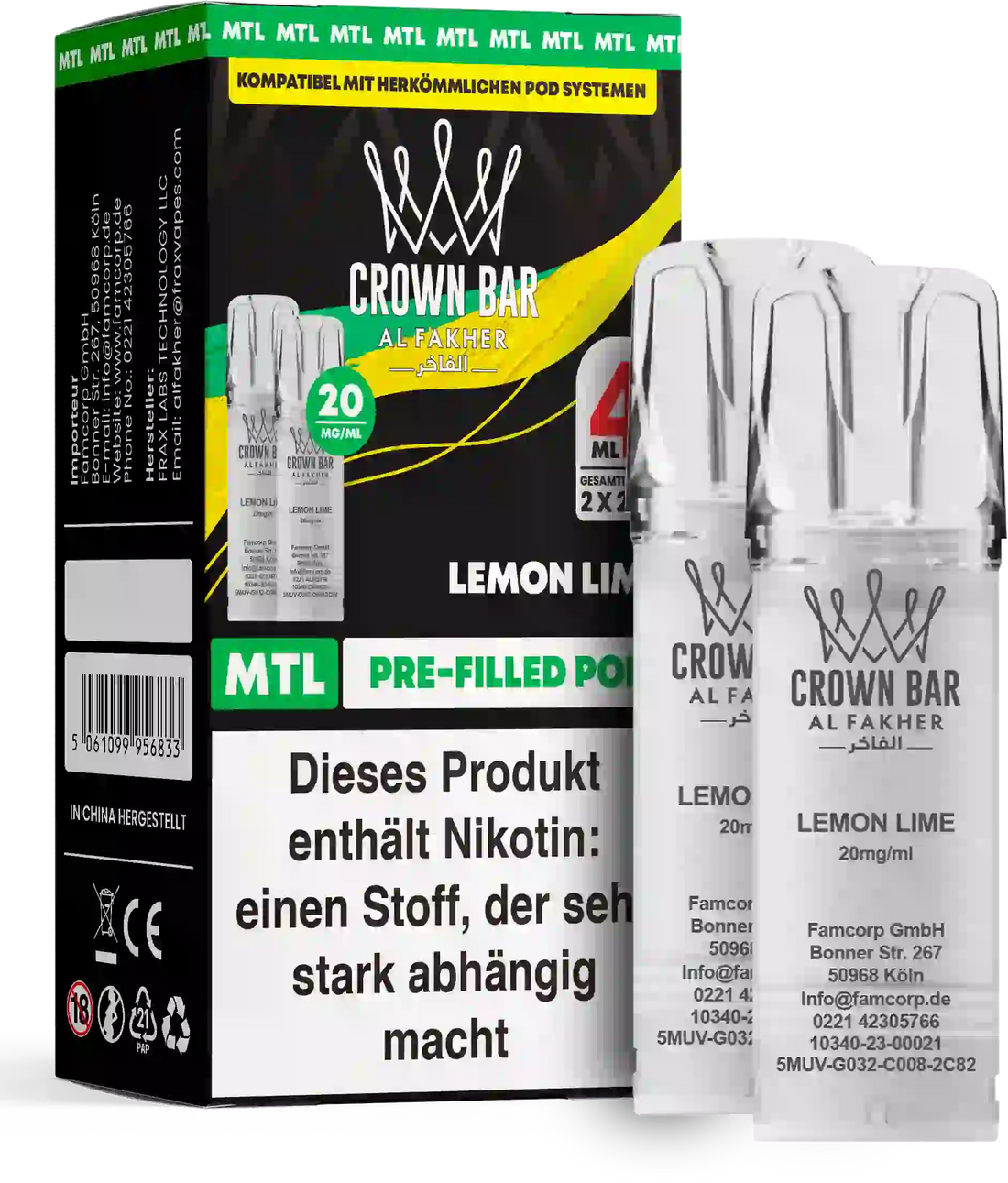 Al Fakher Crown Bar Lemon Lime Pods 2er – spritzige Zitrone-Limette, erfrischend zitrisch, ELFA Pods mit 20 mg/ml, bis zu 600 Züge.