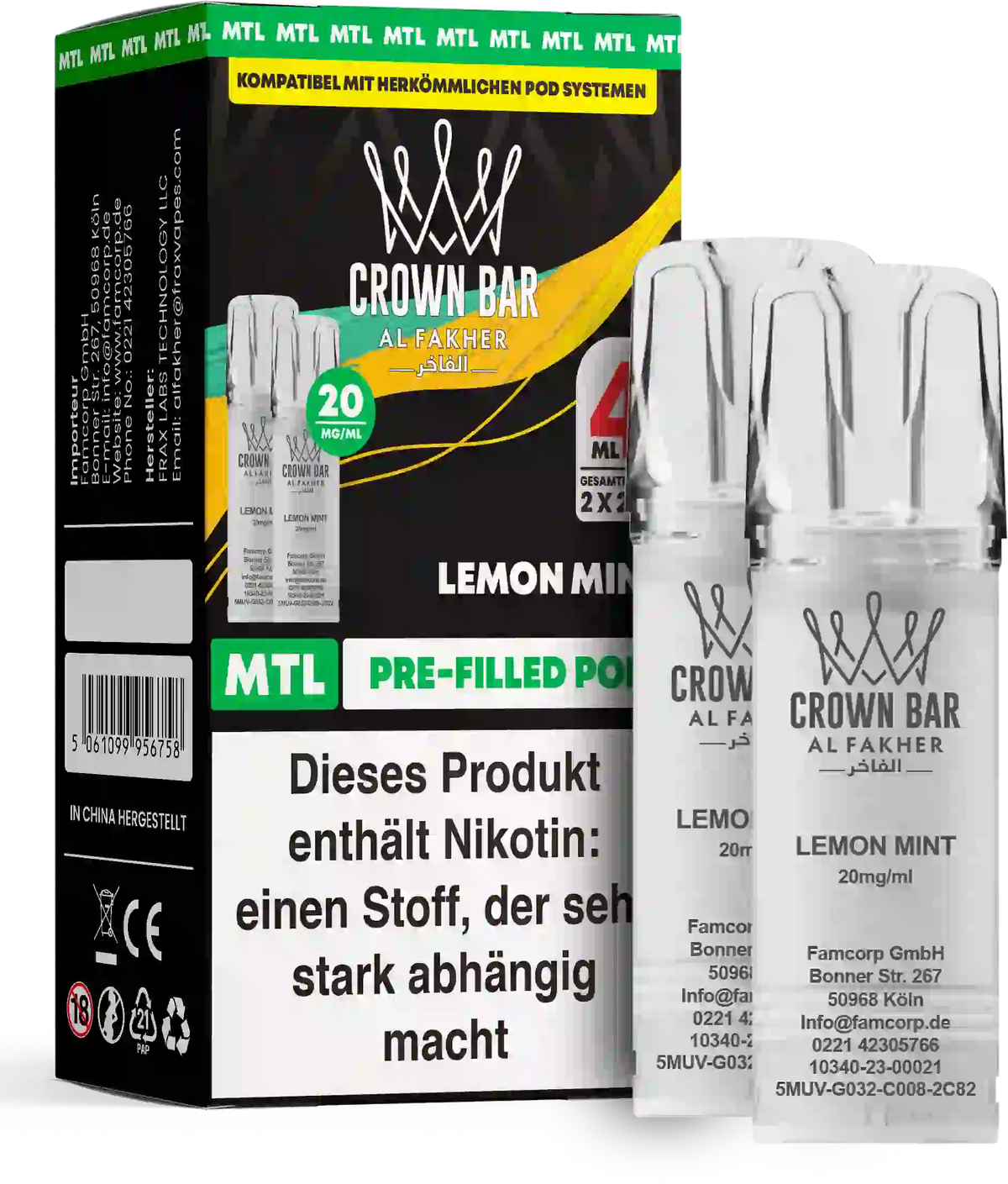 Al Fakher Crown Bar Lemon Mint Pods 2er – frische Zitrone mit kühler Minze, vorbefüllter Pod, ELFA-kompatibel, 20 mg Nikotinsalz.