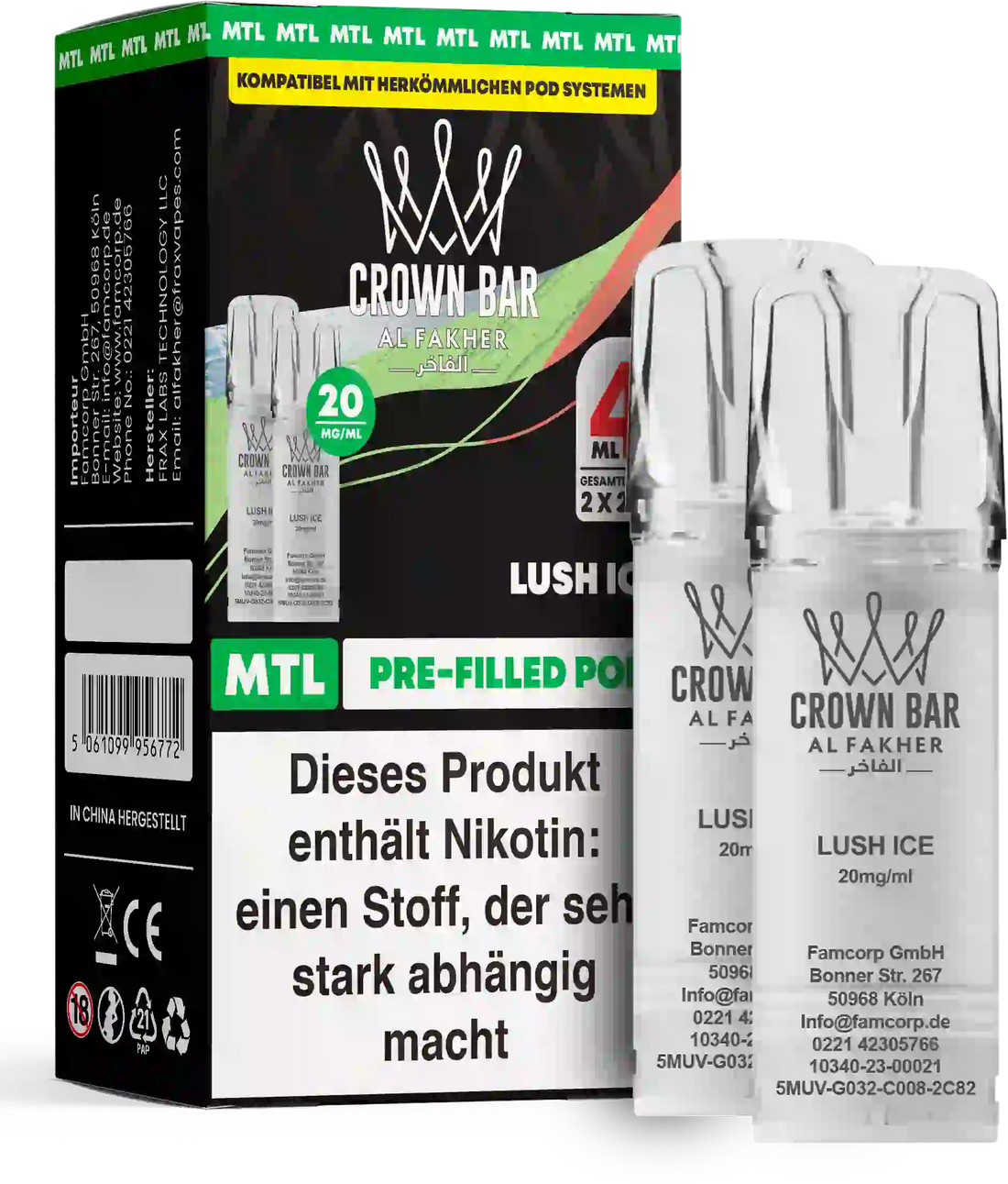 Al Fakher Crown Bar Lush Ice Pods 2er – der Klassiker: saftige Wassermelone mit Menthol-Kühle, MTL Prefilled Pod (2er), bis zu 600 Züge.