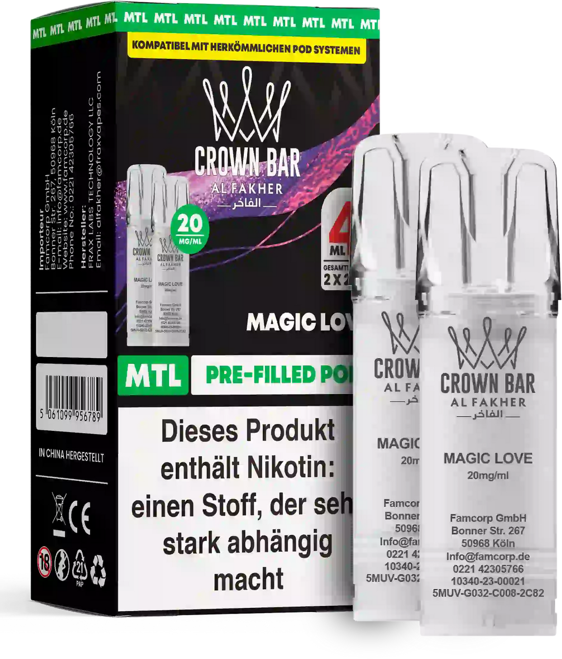 Al Fakher Crown Bar Magic Love Pods 2er – geheimnisvoll süß-fruchtiger Mix, 20 mg/ml Nikotinsalz, ELFA Pod, günstig online kaufen.