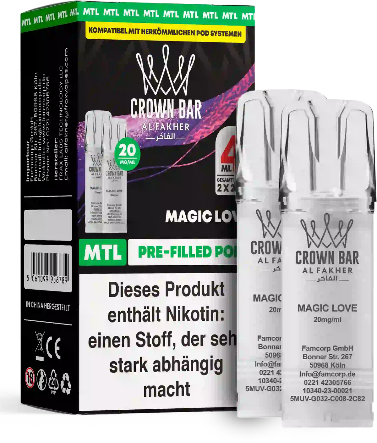 Al Fakher Crown Bar Magic Love Pods 2er – geheimnisvoll süß-fruchtiger Mix, 20 mg/ml Nikotinsalz, ELFA Pod, günstig online kaufen.