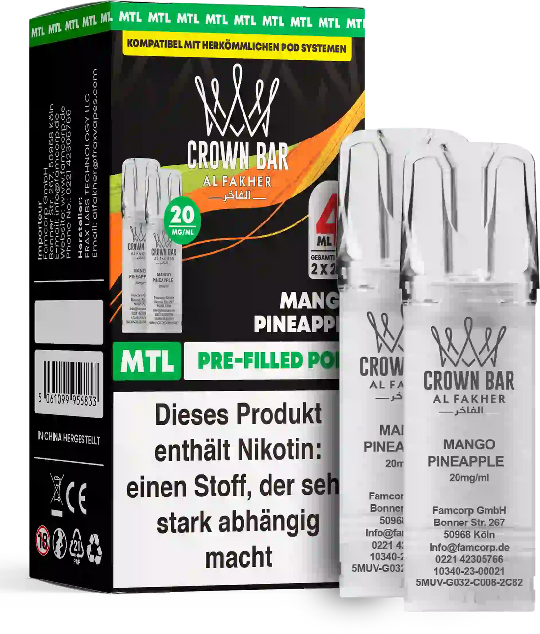 Al Fakher Crown Bar Mango Pineapple Pods 2er – tropische Mango-Ananas, sommerlich süß, vorbefüllter MTL-Pod im 2er Pack, ELFA-kompatibel.