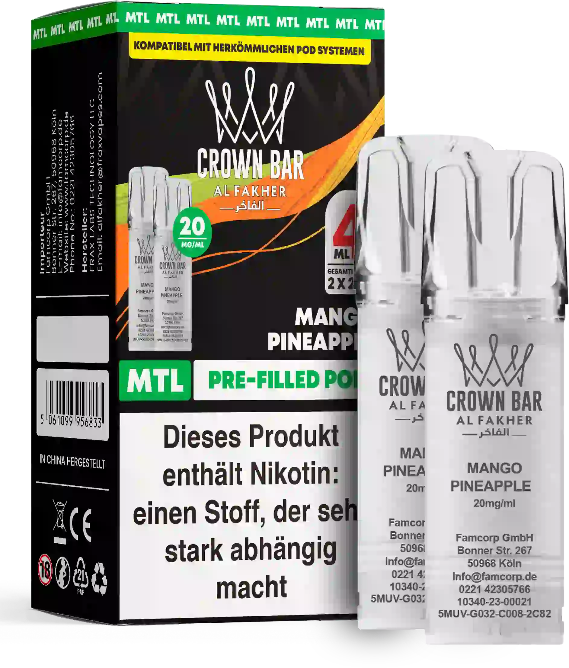 Al Fakher Crown Bar Mango Pineapple Pods 2er – tropische Mango-Ananas, sommerlich süß, vorbefüllter MTL-Pod im 2er Pack, ELFA-kompatibel.