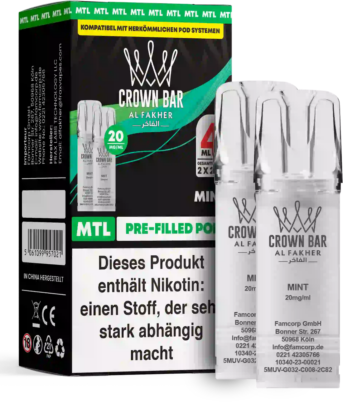Al Fakher Crown Bar Mint Pods 2er – klassisch frische Minze, MTL-Pod (Doppelpack) für ELFA Pod-Systeme, bis zu 600 Züge pro Pod.