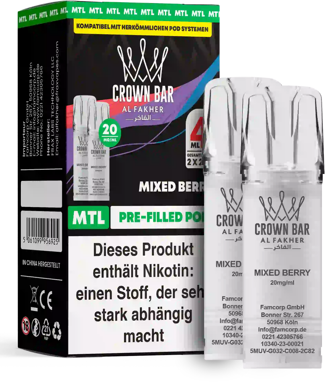 Al Fakher Crown Bar Mixed Berry Pods 2er – vollmundiger Mix reifer Beeren, 2×2 ml Nikotinsalz 20 mg, vorbefüllter Pod, jetzt kaufen.