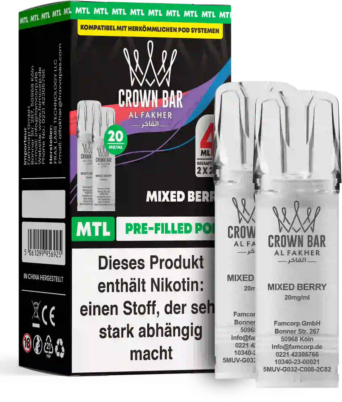 Al Fakher Crown Bar Mixed Berry Pods 2er – vollmundiger Mix reifer Beeren, 2×2 ml Nikotinsalz 20 mg, vorbefüllter Pod, jetzt kaufen.
