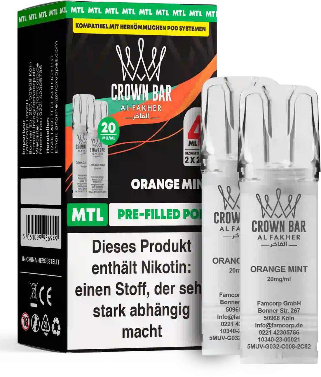 Al Fakher Crown Bar Orange Mint Pods 2er – saftige Orange mit kühler Minze, ELFA-kompatibler MTL-Pod, 20 mg/ml Nikotinsalz.