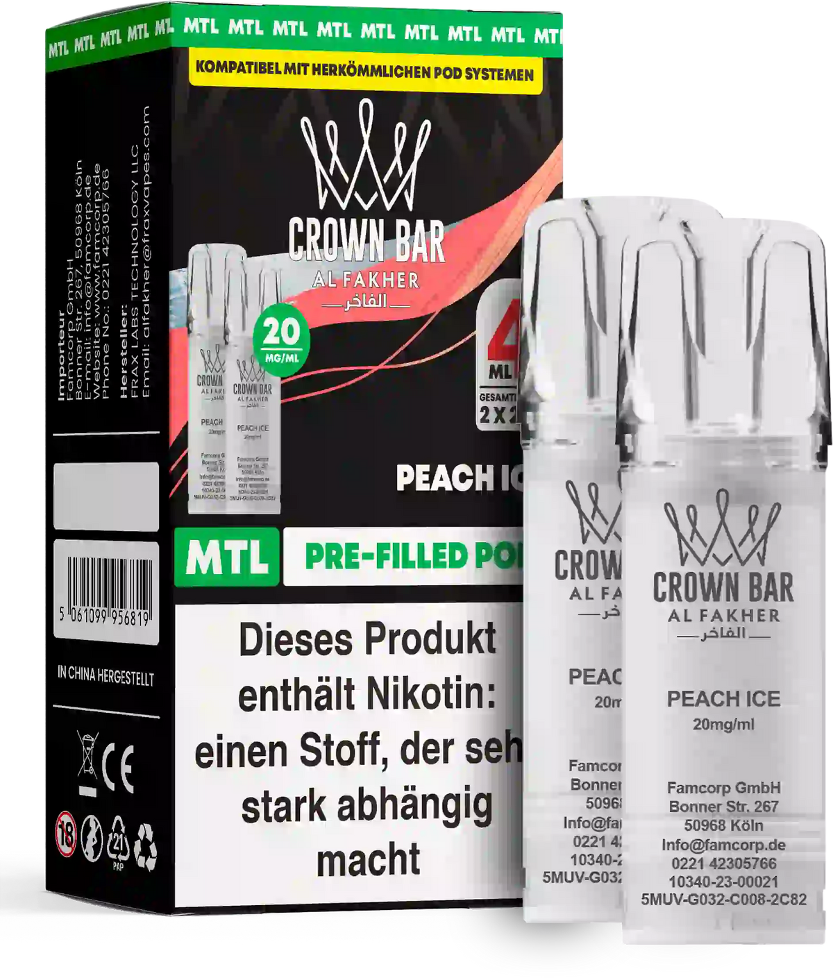 Al Fakher Crown Bar Peach Ice Pods 2er – saftiger Pfirsich mit eisiger Frische, Prefilled Pod im 2er Pack, bis zu 600 Züge.