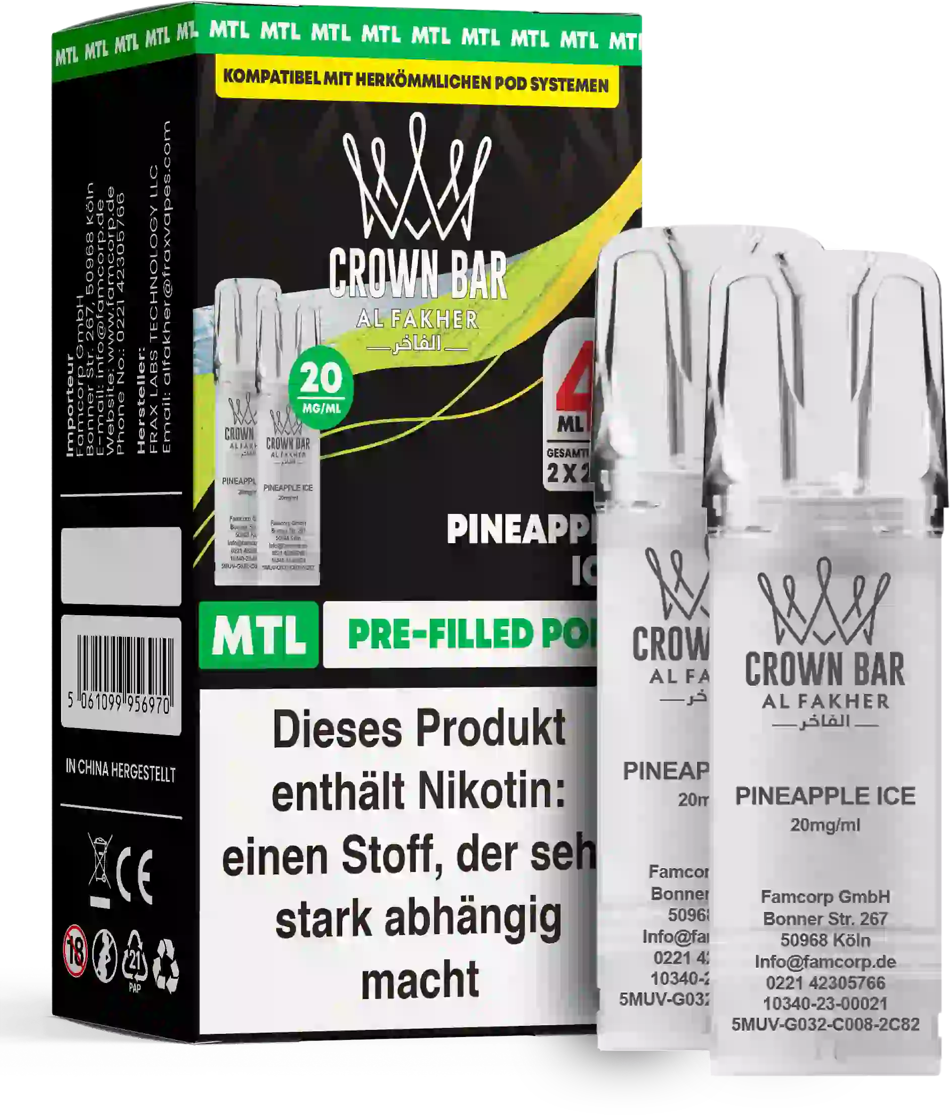 Al Fakher Crown Bar Pineapple Ice Pods 2er – süße Ananas mit kühlem Finish, vorbefüllter MTL-Pod, ELFA-kompatibel, 20 mg Nikotinsalz.