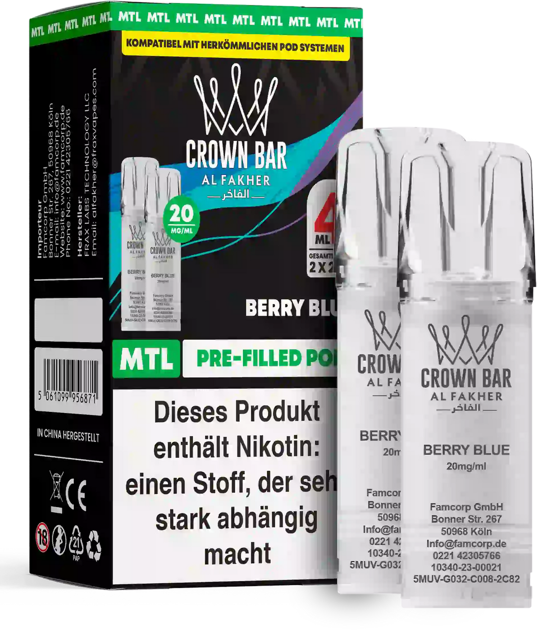 Al Fakher Crown Bar Pods Berry Blue 2er – 20mg/ml Nikotinsalz, MTL Prefilled Pods, ELFA-kompatibel, mit blauen Beeren & Blaubeere, kompatibel mit gängigen Pod-Systemen