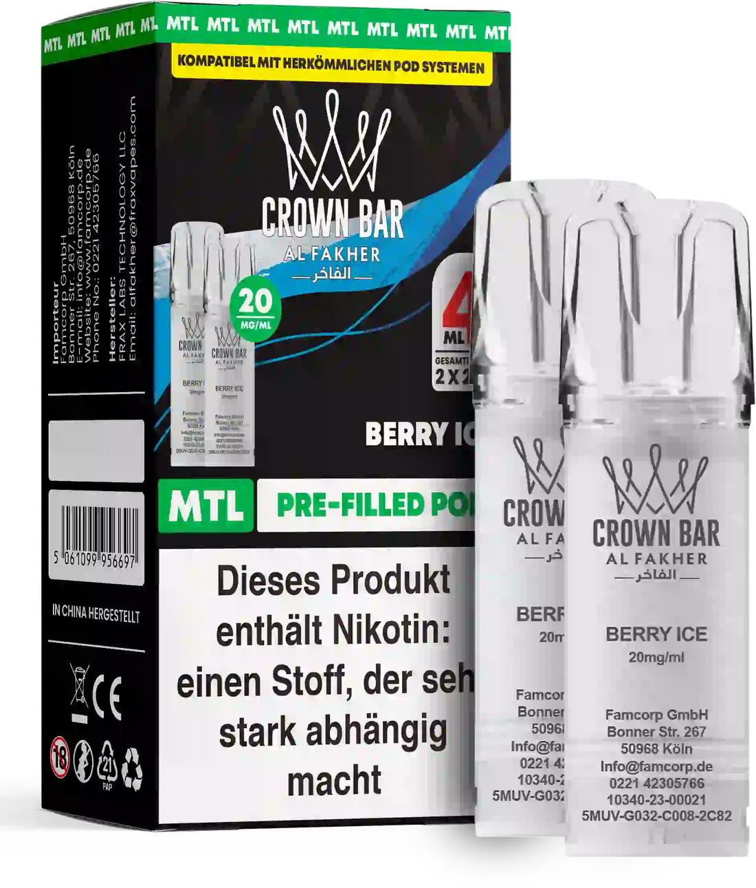 Al Fakher Crown Bar Pods Berry Ice 2er – 20mg/ml Nikotinsalz, MTL Prefilled Pods, ELFA-kompatibel, mit kühlem Beeren-Ice, kompatibel mit gängigen Pod-Systemen