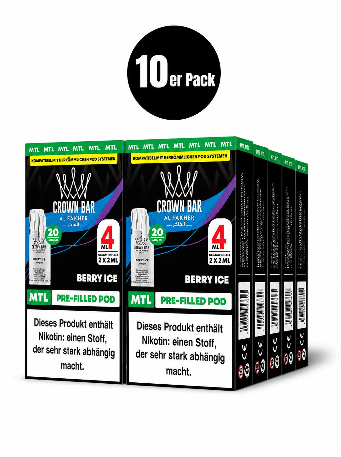 Al Fakher Crown Bar Pods Berry Ice 2er – 20mg/ml Nikotinsalz, MTL Prefilled Pods, ELFA-kompatibel, mit kühlem Beeren-Ice, kompatibel mit gängigen Pod-Systemen