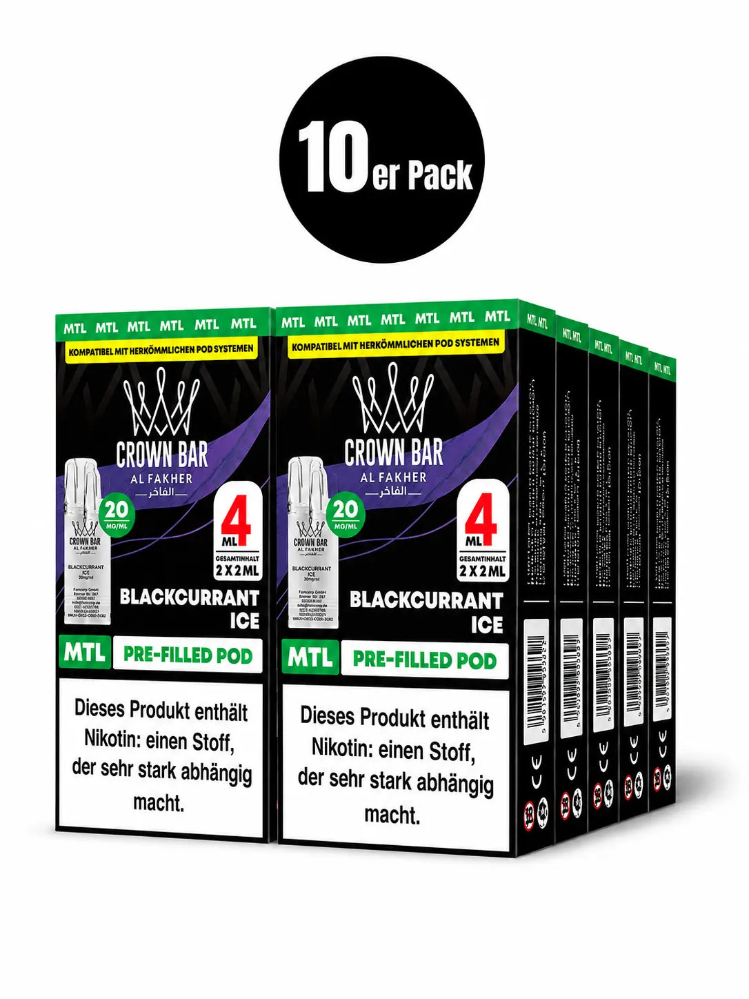 Al Fakher Crown Bar Pods Blackcurrant Ice 2er – 20mg/ml Nikotinsalz, MTL Prefilled Pods, ELFA-kompatibel, mit schwarzer Johannisbeere & kühlem Ice, kompatibel mit gängigen Pod-Systemen