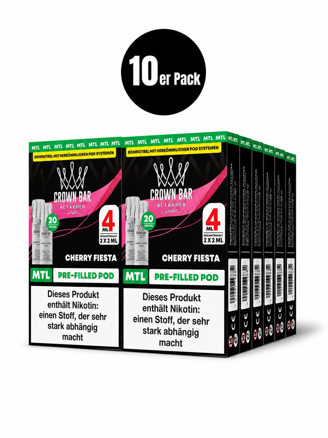 Al Fakher Crown Bar Cherry Fiesta Pods 2er – vollmundige, festlich süße Kirsche, vorbefüllter Pod mit 20 mg Nikotinsalz, günstig online kaufen.