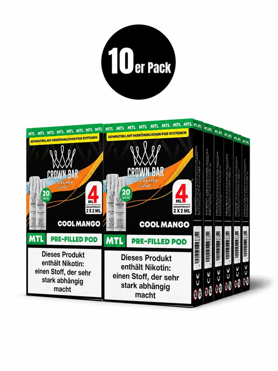 Al Fakher Crown Bar Cool Mango Pods 2er – tropische Mango mit kühlem Abgang, ELFA Pods mit 20 mg Nikotinsalz, bis zu 600 Züge pro Pod.