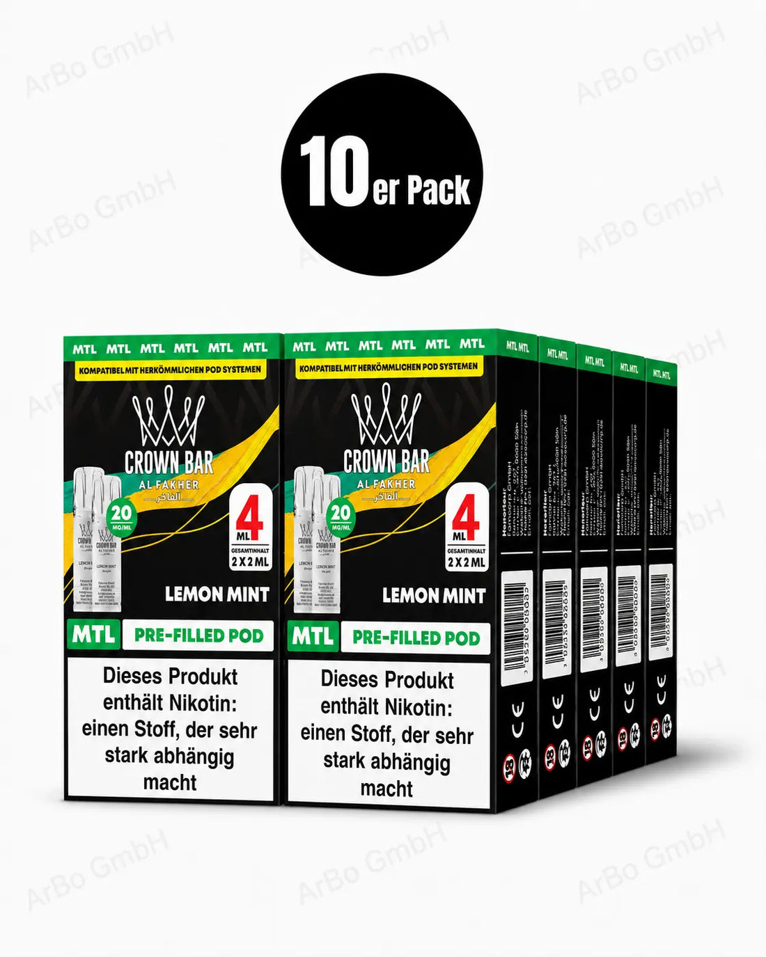 Al Fakher Crown Bar Lemon Mint Pods 2er – frische Zitrone mit kühler Minze, vorbefüllter Pod, ELFA-kompatibel, 20 mg Nikotinsalz.