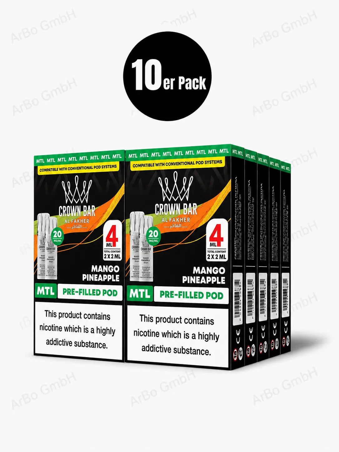 Al Fakher Crown Bar Mango Pineapple Pods 2er – tropische Mango-Ananas, sommerlich süß, vorbefüllter MTL-Pod im 2er Pack, ELFA-kompatibel.