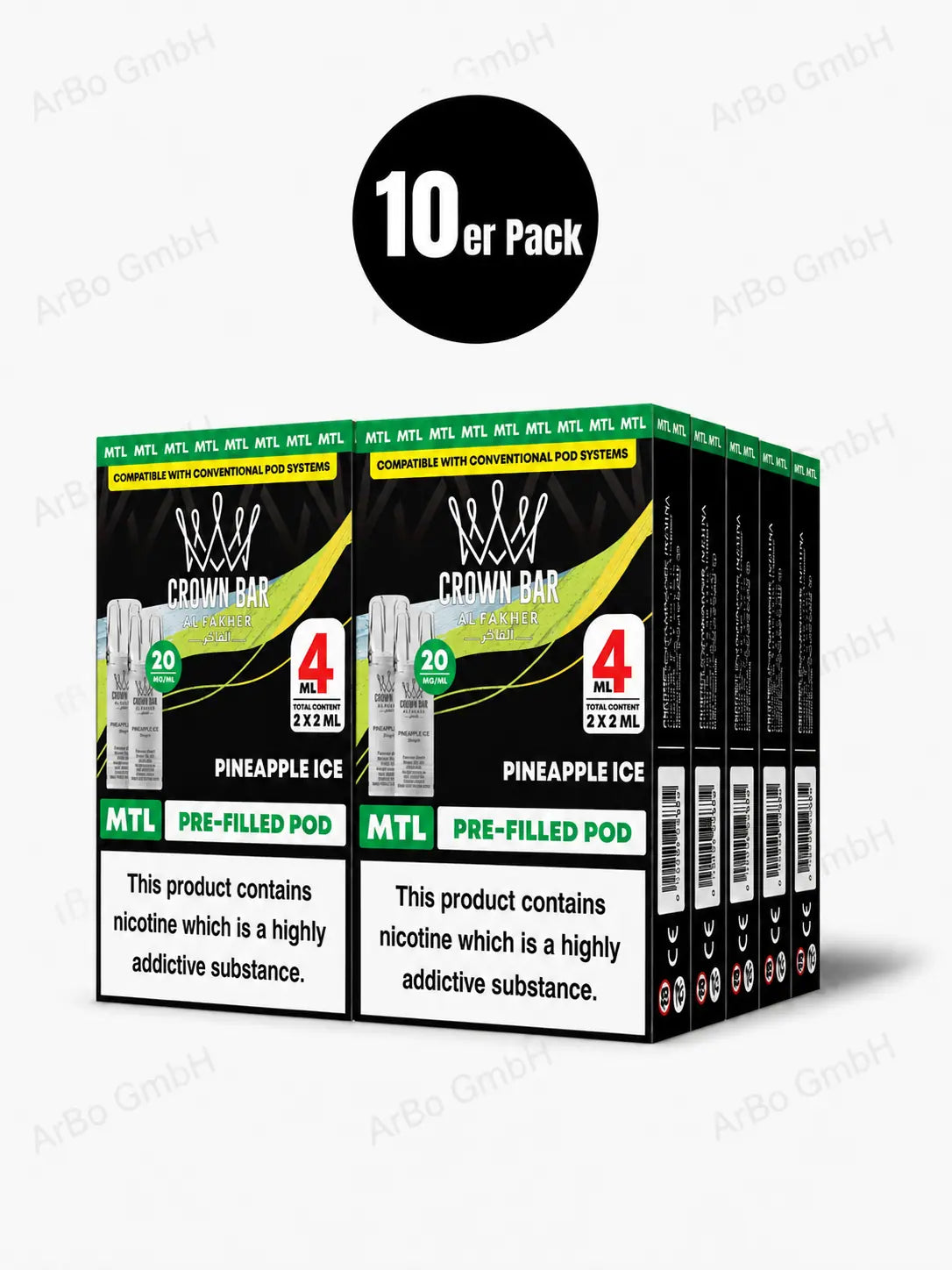 Al Fakher Crown Bar Pineapple Ice Pods 2er – süße Ananas mit kühlem Finish, vorbefüllter MTL-Pod, ELFA-kompatibel, 20 mg Nikotinsalz.