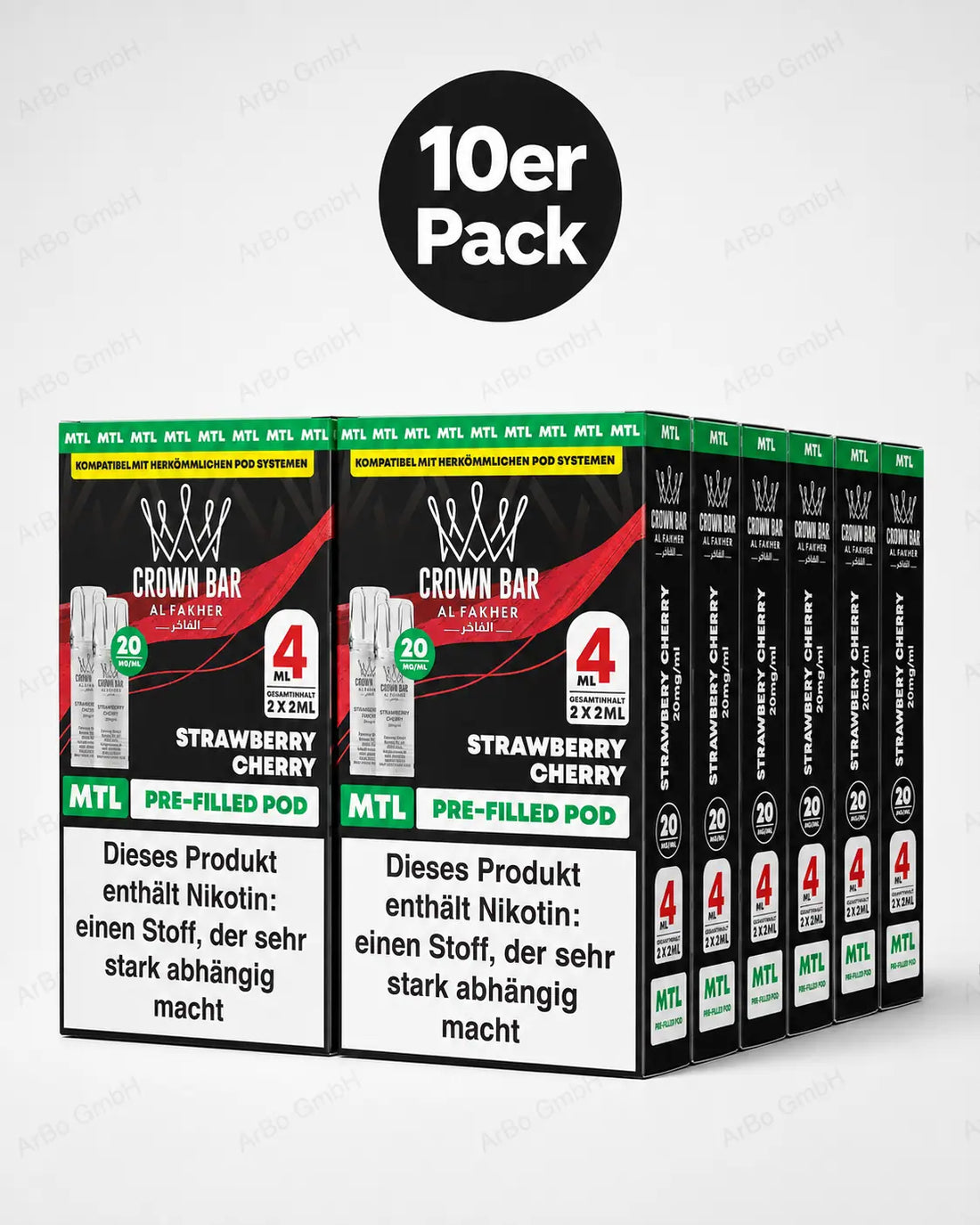 Al Fakher Crown Bar Strawberry Cherry Pods 2er – süße Erdbeere trifft reife Kirsche, vorbefüllter MTL-Pod, ELFA-kompatibel, 2×2 ml.