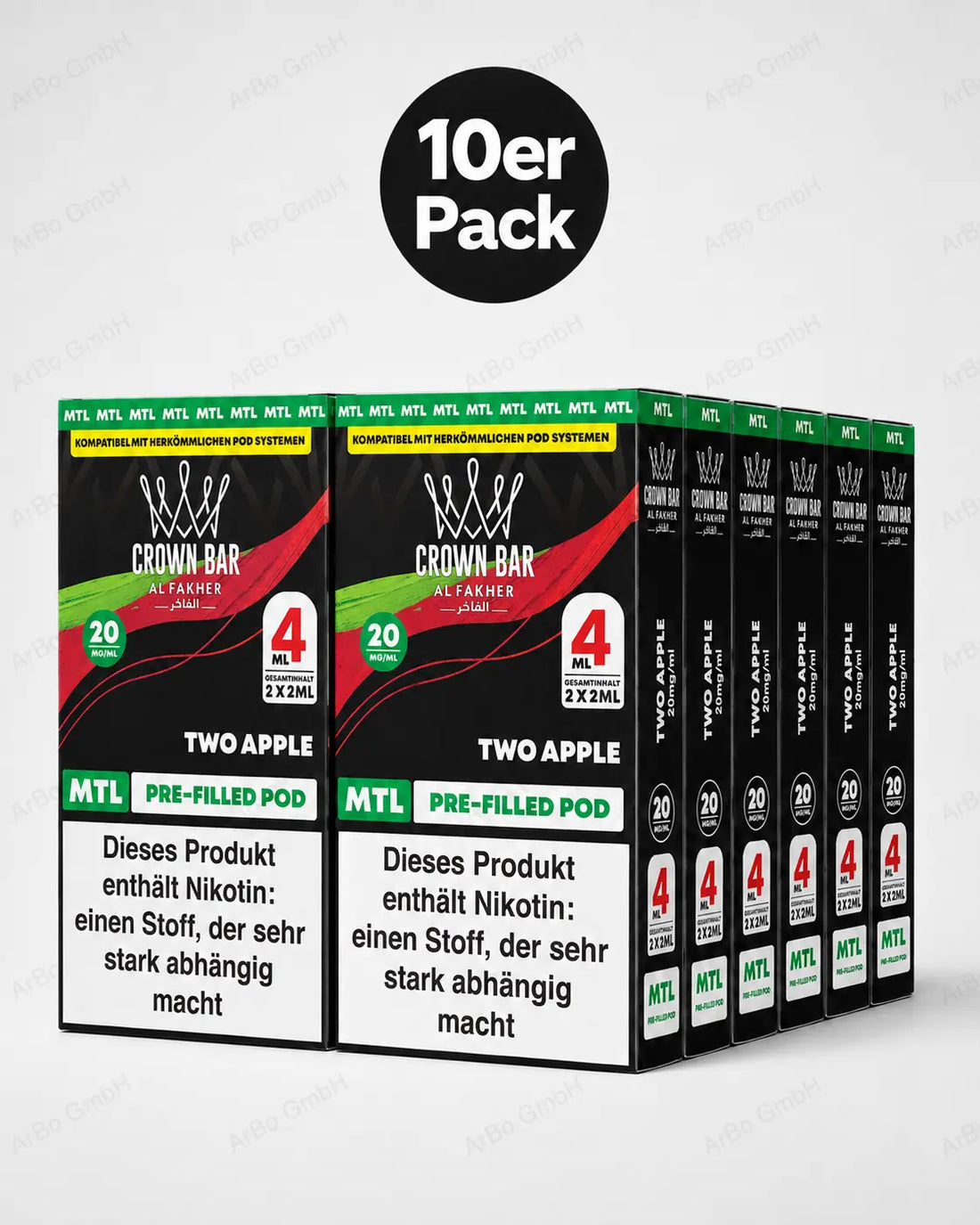 Al Fakher Crown Bar Two Apple Pods 2er – der legendäre Doppelapfel aus der Al-Fakher-Shisha-DNA, vorbefüllter MTL-Pod, 20 mg Nikotinsalz.