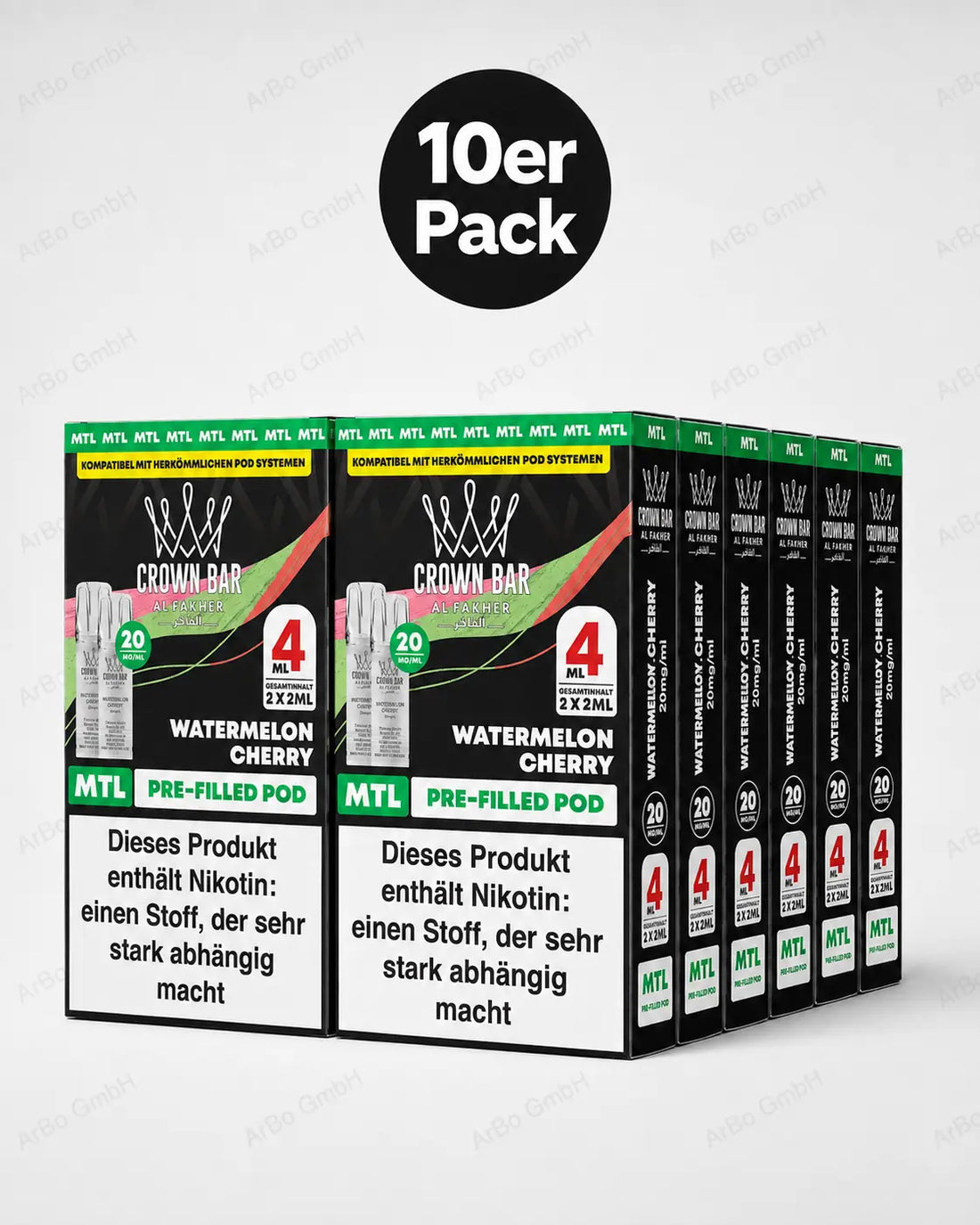 Al Fakher Crown Bar Watermelon Cherry Pods 2er – saftige Wassermelone mit süßer Kirsche, ELFA-kompatibler Prefilled Pod, 2×2 ml 20 mg.
